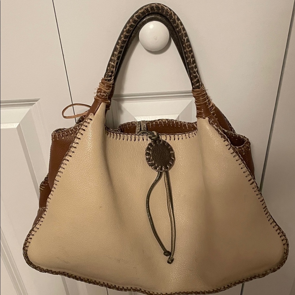 Carlos Falchi Cream and Brown Tote Bag